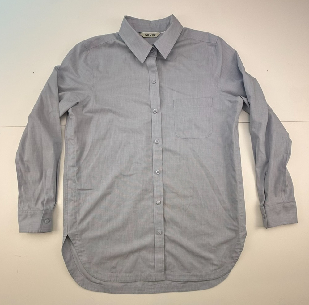 Orvis Ladies' Blue Button Down Long Sleeve Cotton Stretch Shirt Side Slits Sz 12